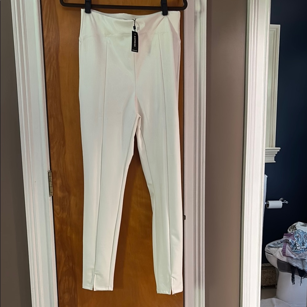 Express Cream Straight leg faux leather pant with kick pleats - Picture 3 of 3
